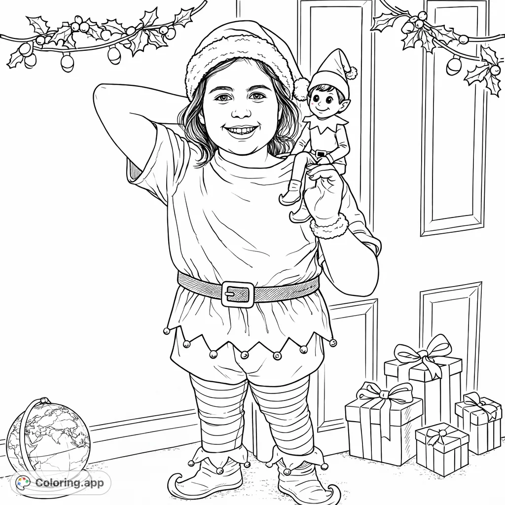 A cheerful girl poses with a friendly Christmas elf on her shoulder, surrounded by festive decorations. A delightful Christmas coloring page for kids and families.