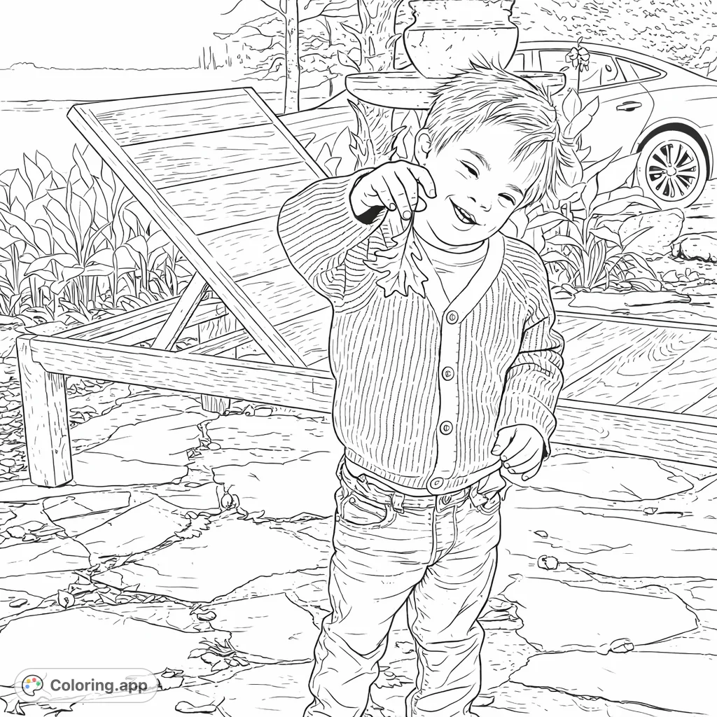 A heartwarming scene of a smiling child holding a leaf, surrounded by a serene outdoor setting with a rustic lounge chair and natural elements.