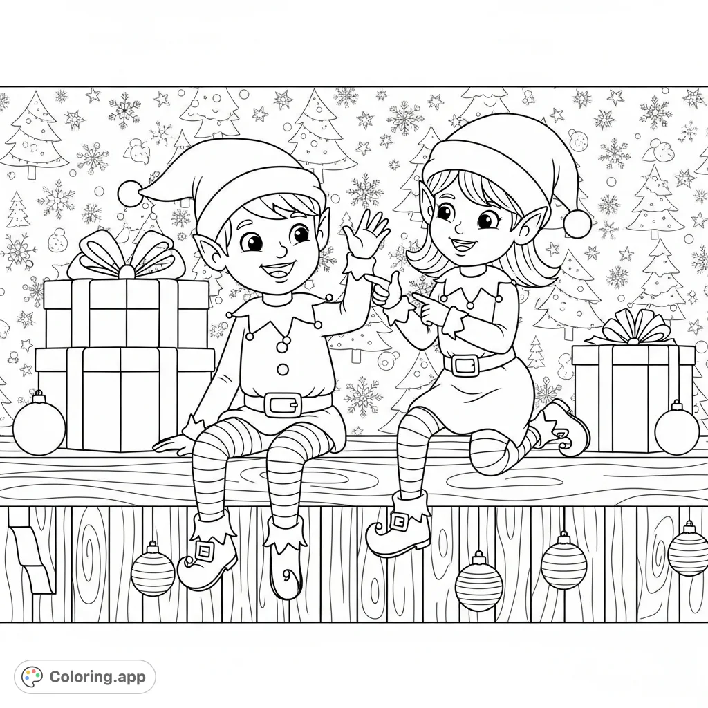 Discover a charming Elves on the Shelf coloring page featuring a boy and girl elf in playful poses on a decorated shelf, perfect for holiday fun!