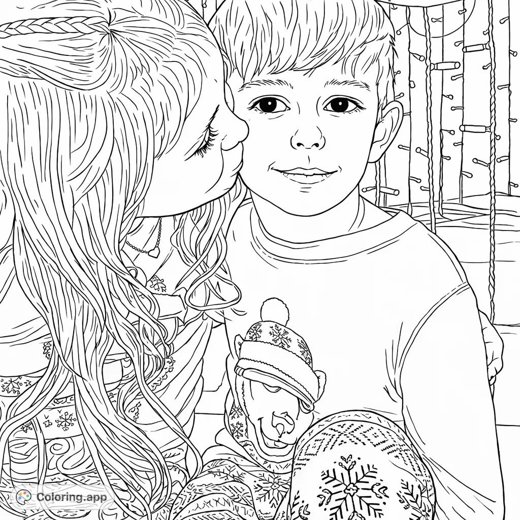 Capture a heartwarming moment of siblings in festive pajamas, featuring detailed patterns and a radiant light background. Perfect for holiday coloring fun.
