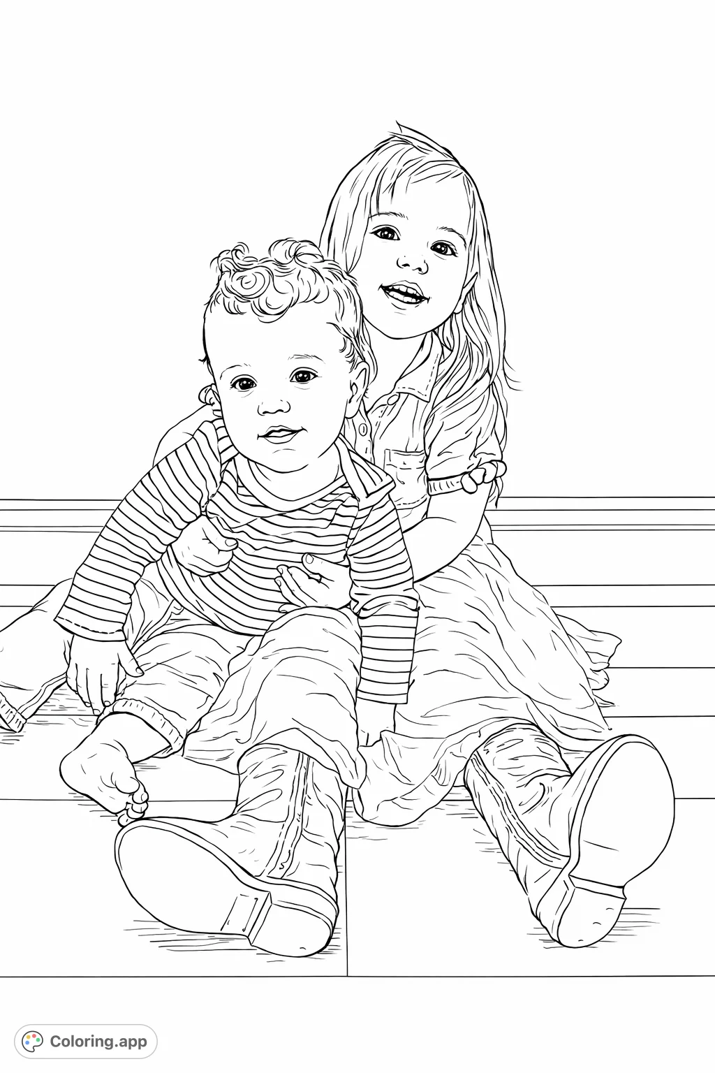 A heartwarming coloring page featuring an older child holding a baby, both smiling cheerfully. Perfect for capturing tender sibling moments.