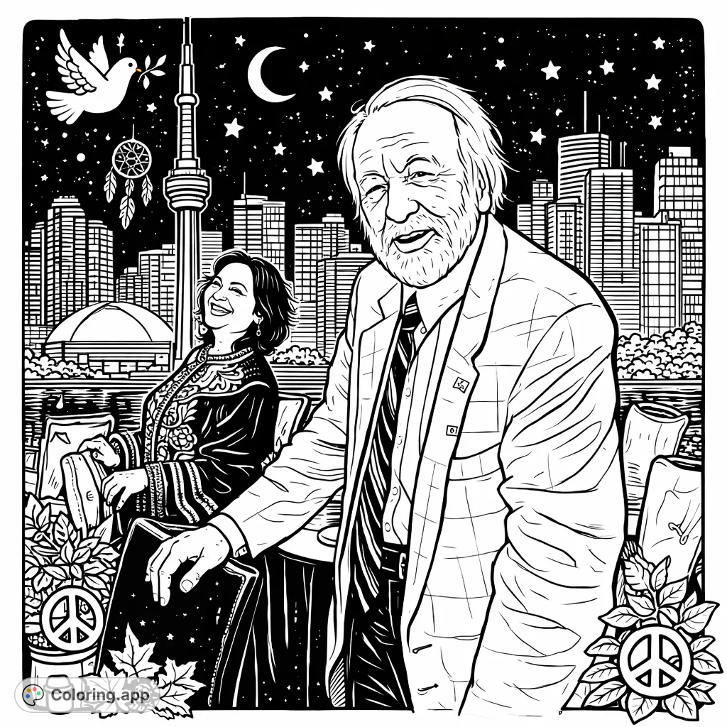 Color a peaceful urban night scene featuring a distinguished man and a joyful woman against the detailed Toronto skyline with the CN Tower, enriched with cartoony charm.