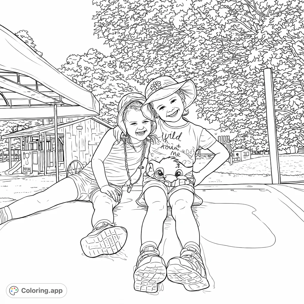 Two cheerful girls share a happy moment on a large farm structure, with playful smiles and a charming outdoor backdrop. A delightful scene for young colorists.