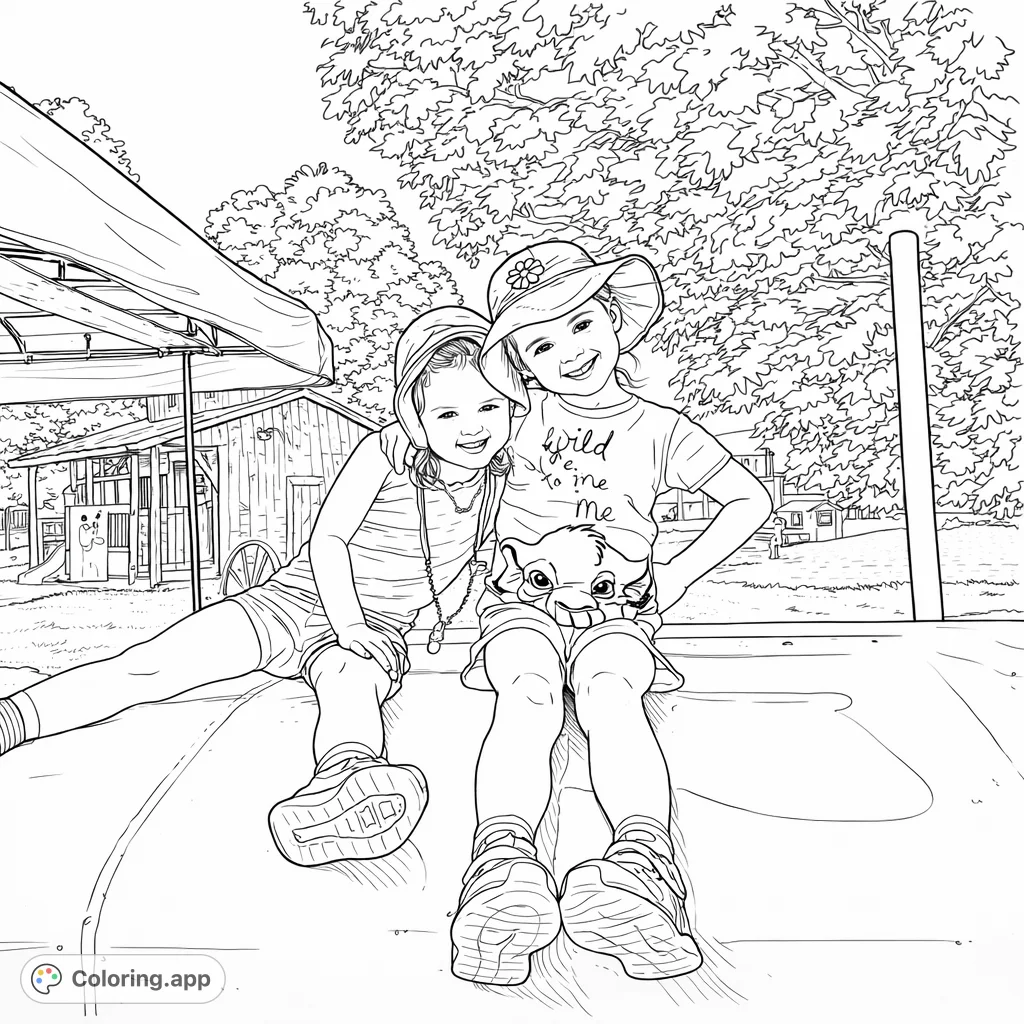 Two cheerful girls enjoy an outdoor adventure, sitting on a large surface. A delightful scene with playground elements and nature for kids to color.