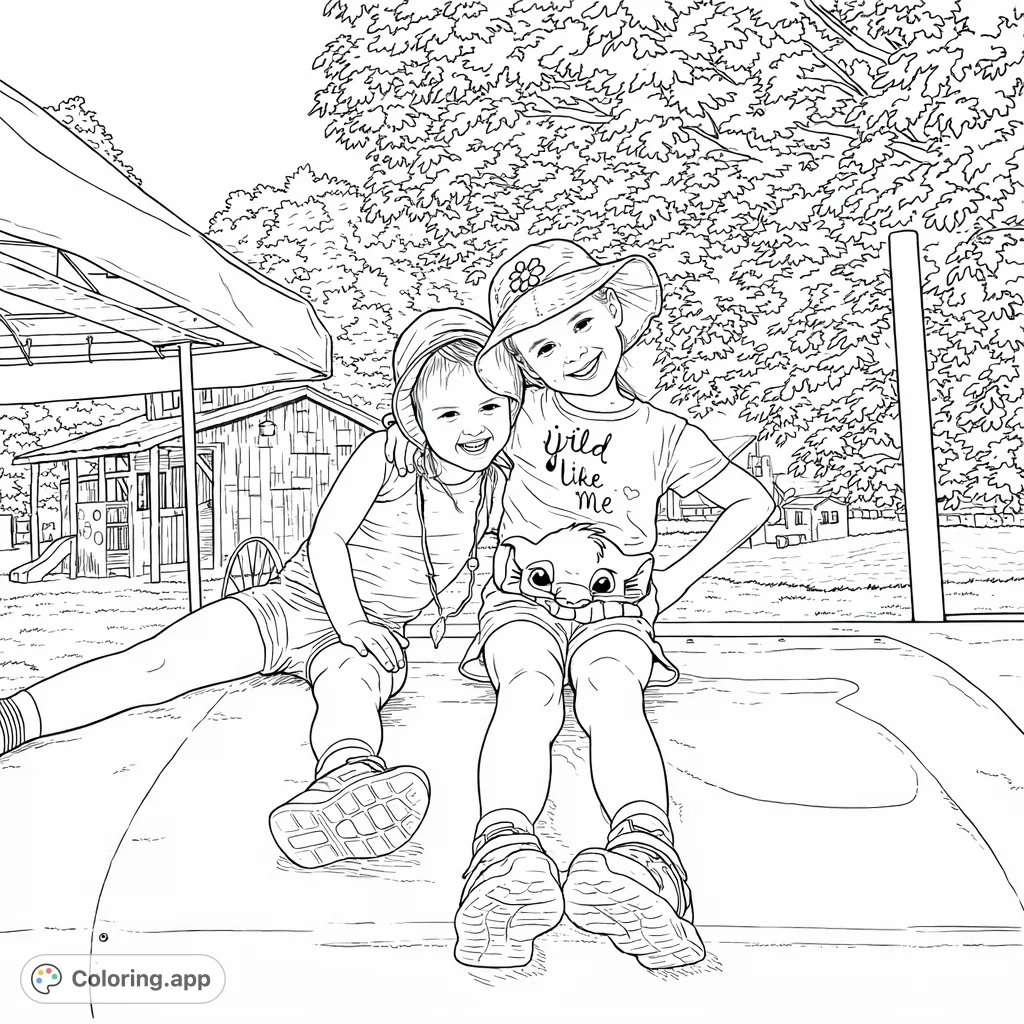 Two cheerful girls pose on a farm setting, surrounded by rustic buildings and playful elements. A delightful scene for young colorists, perfect for kids.