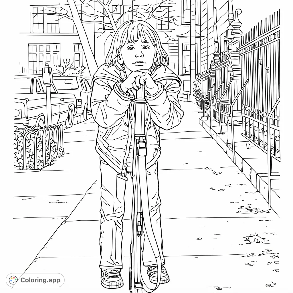 A young child stands on a city sidewalk, holding a long rifle. The urban scene features buildings, parked cars, and a detailed metal fence in the background.