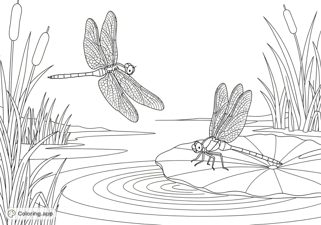 A serene nature scene featuring elegant dragonflies, one in flight, another resting on a lily pad amidst gentle water ripples and marshland flora. A peaceful escape.
