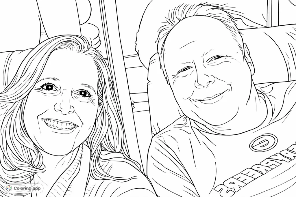 Capture a heartwarming moment of two individuals smiling together. This portrait offers a joyful scene for colorists, perfect for personalizing faces and clothing.