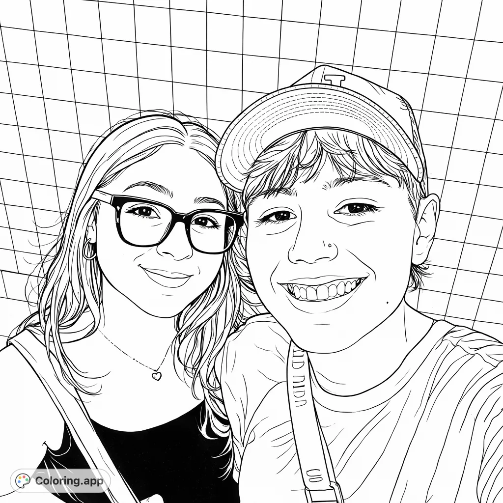 A heartwarming selfie featuring two friends against a subway-tiled background. Capture their joyful expressions and unique styles with your creative touch.