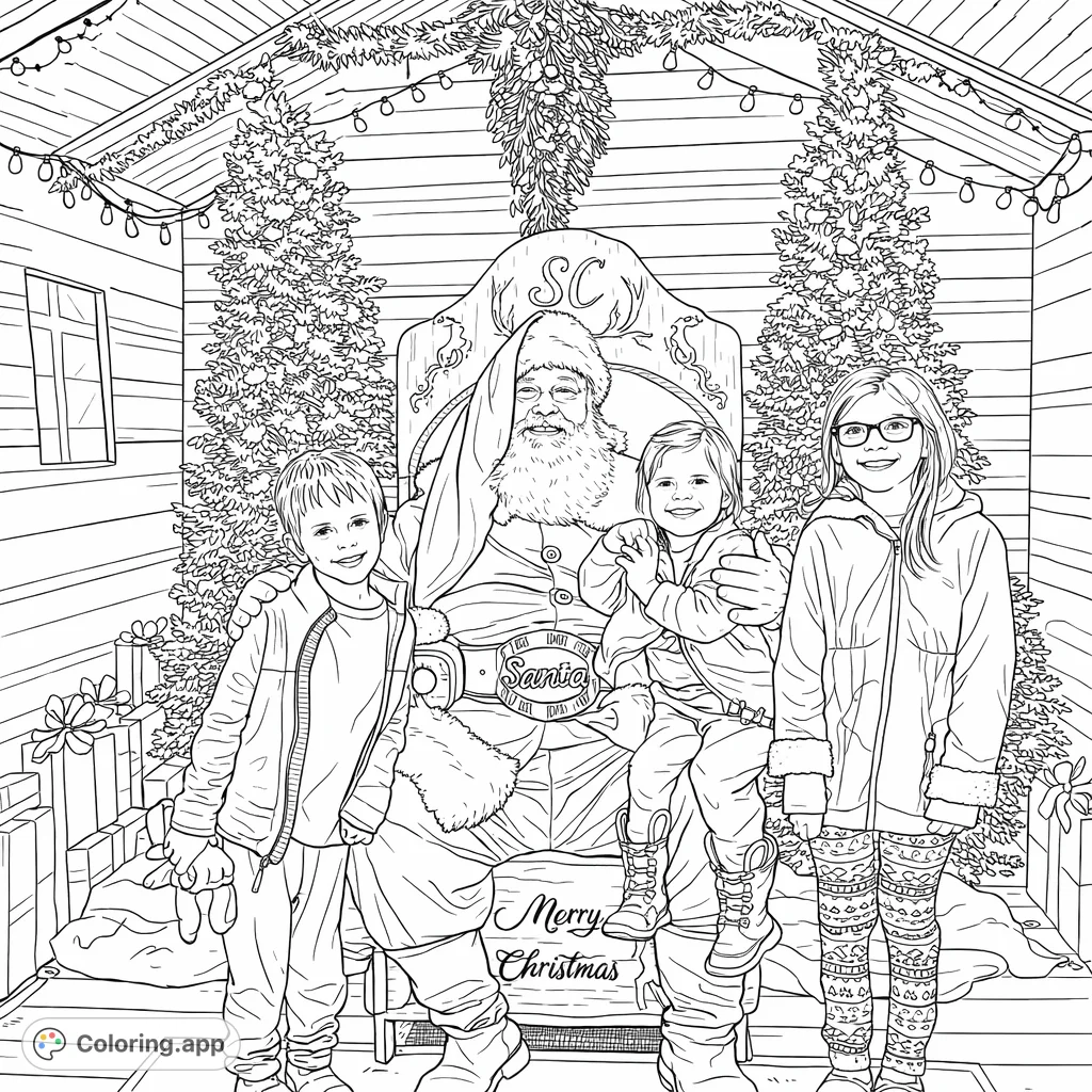 A heartwarming scene featuring Santa Claus with three joyful children, surrounded by festive trees and holiday decorations, perfect for a cozy Christmas coloring session.