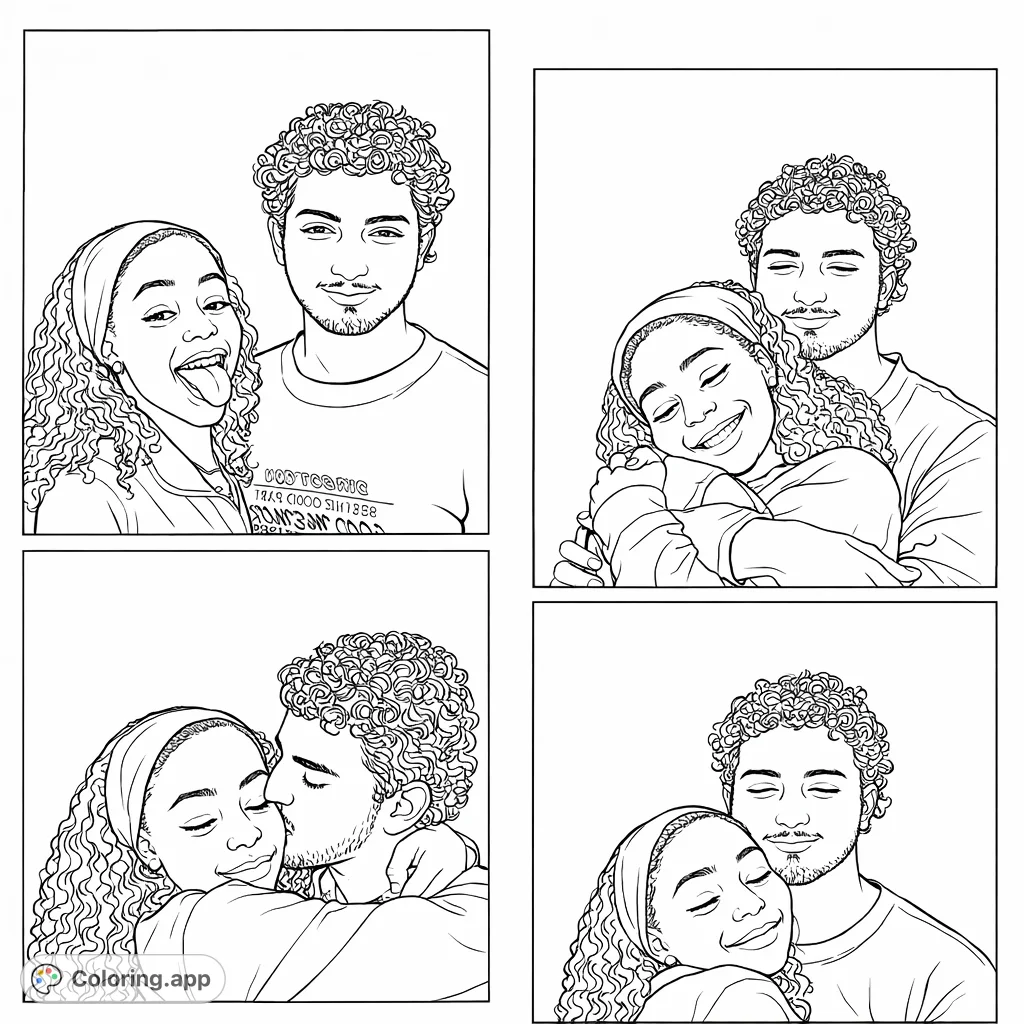 Four endearing photo booth poses capture a couple's joyful expressions and affectionate moments. A delightful coloring page for all ages, celebrating connection.