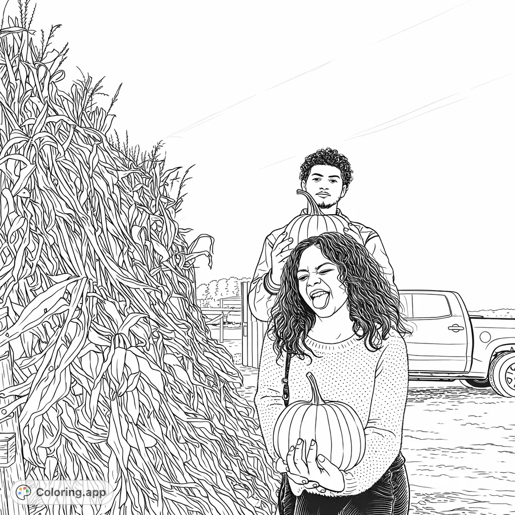 Capture the joy of autumn with this harvest scene featuring two individuals, cheerful pumpkins, and a detailed cornstalk pile. A fun fall coloring page!