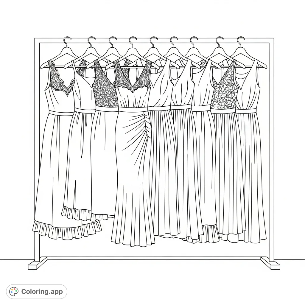 Discover a stylish fashion coloring page featuring modern dresses on a sleek clothing rack, perfect for fashion enthusiasts and creative expression.