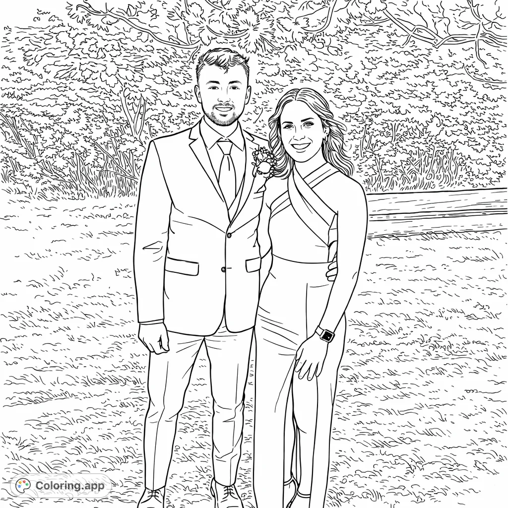 An elegant couple dressed in formal attire stands smiling outdoors, ready for a special occasion. Perfect for celebrating love and special moments.
