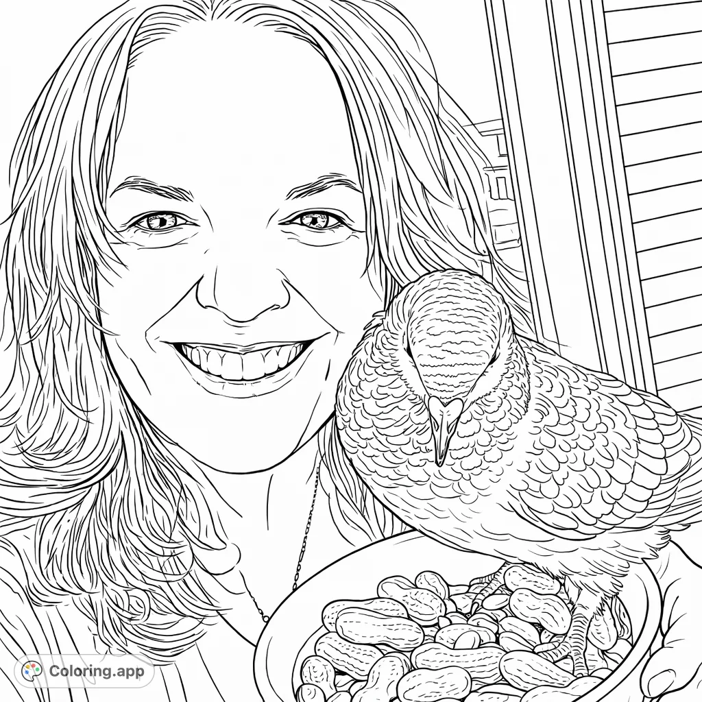 A heartwarming woman and pigeon coloring page, featuring a smiling woman holding a bowl of nuts for her feathered friend. A free printable coloring page.