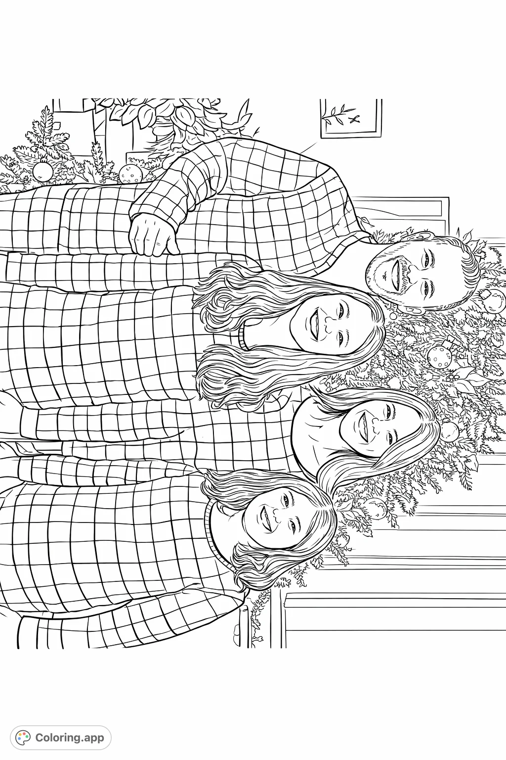 A heartwarming family portrait with four smiling members in matching plaid outfits, set against a festive background with a decorated tree. Perfect for cozy coloring.