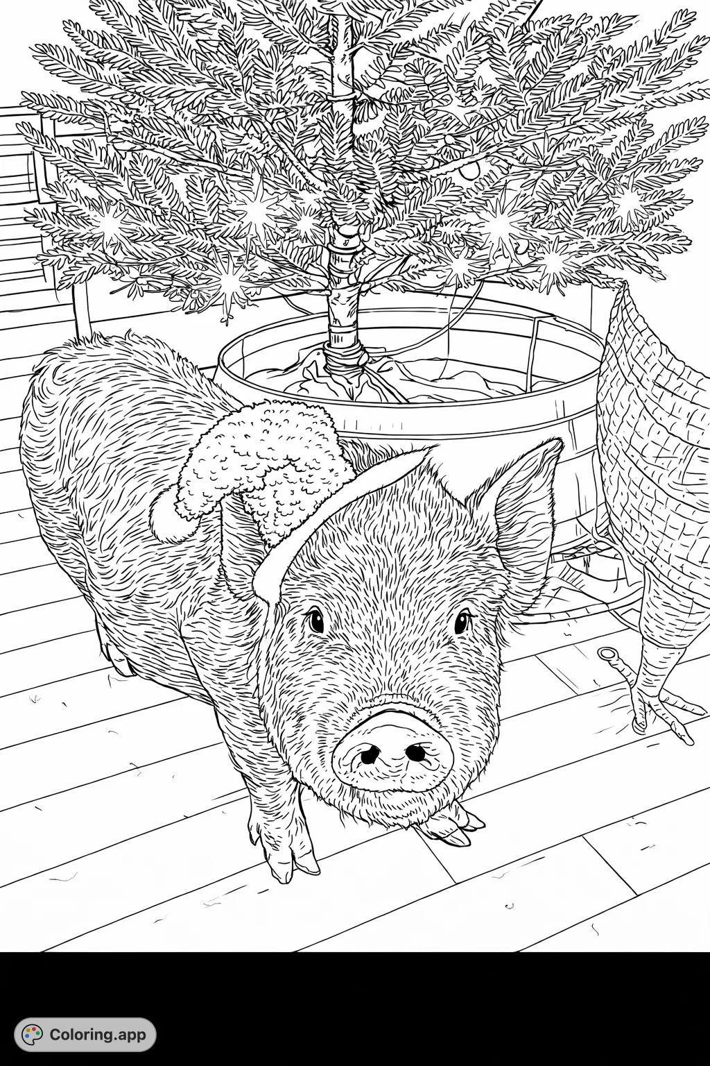 A charming piglet wearing a Santa hat stands by a decorated tree. This delightful holiday pig coloring page offers festive fun for all ages.