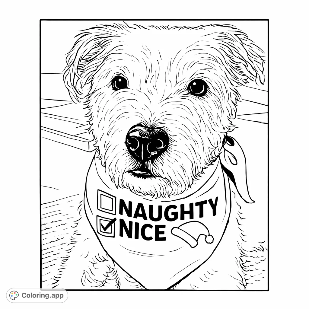 A fluffy dog wearing a festive 'Naughty or Nice' bandana and Santa hat. A playful holiday scene perfect for cheerful coloring fun!