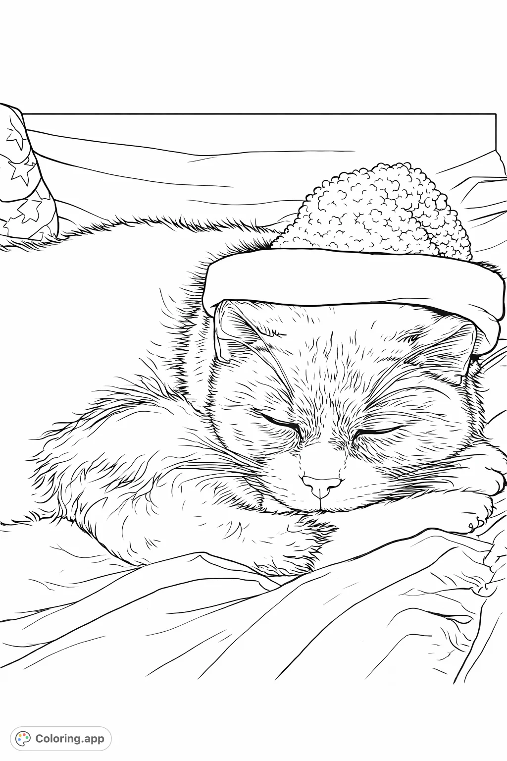 A sweet cat wearing a fluffy Santa hat, peacefully sleeping. Perfect for a cozy holiday coloring session.
