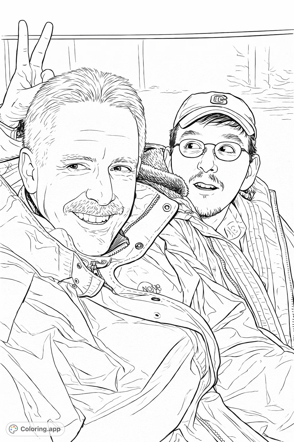 Capture the camaraderie of two friends bundled up for a winter adventure. This scene features detailed winter jackets, expressive faces, and a hint of playful gesture.