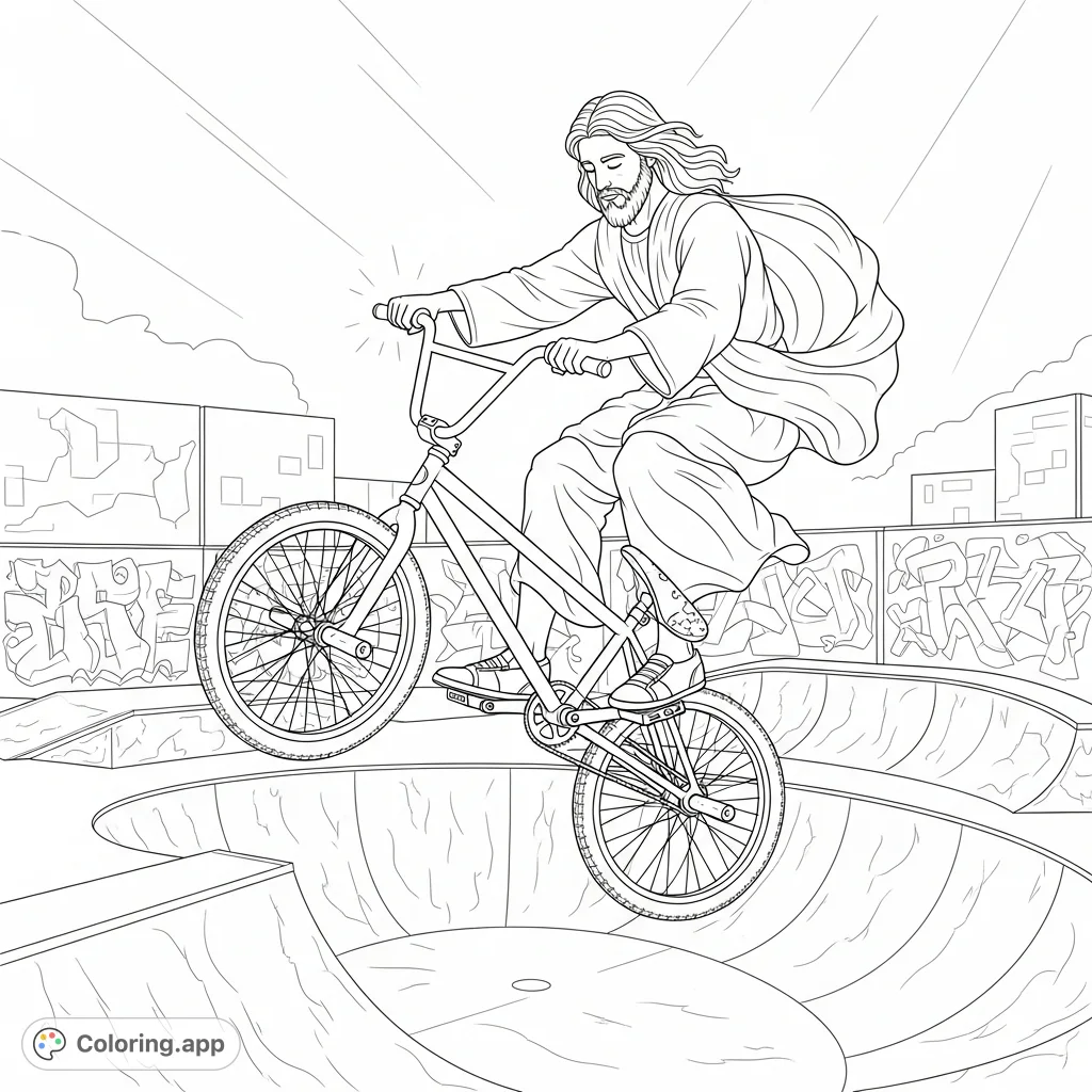 Experience a unique vision of Jesus performing a daring BMX trick in an urban skate park. A captivating and inspiring scene, perfect for creative expression.