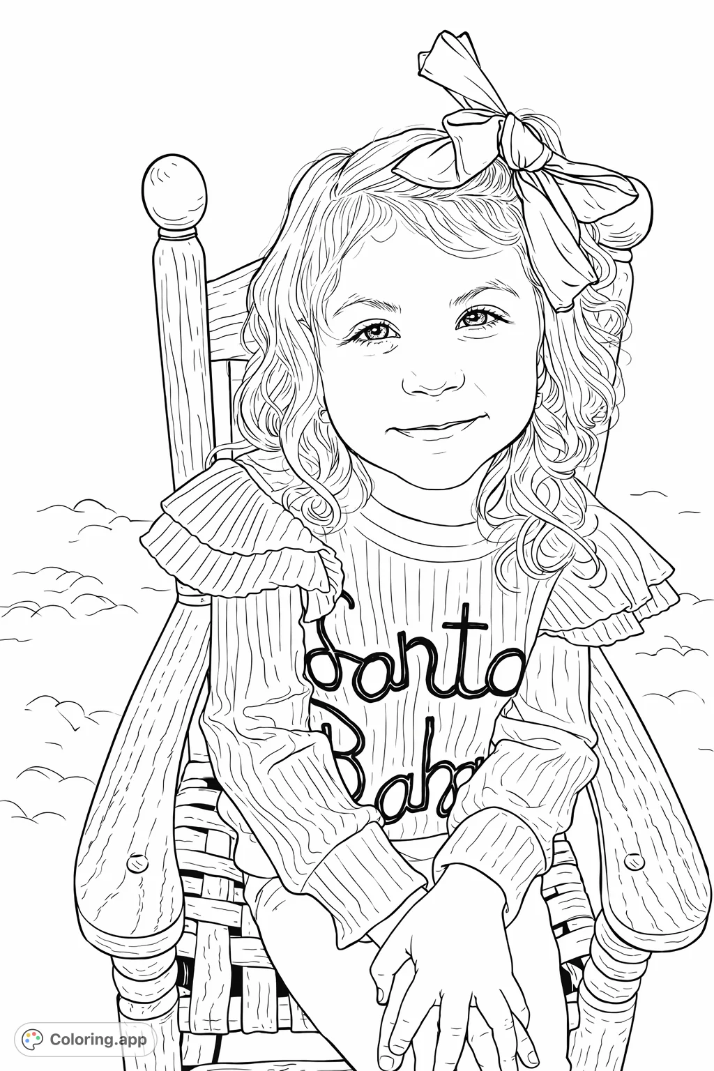 Capture the innocent charm of a child in a festive outfit, seated in a rocking chair, ready for a delightful coloring adventure.