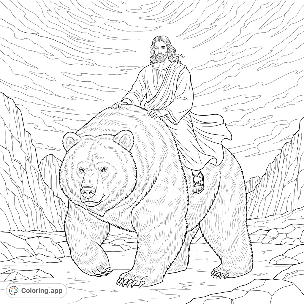 An epic Jesus riding bear coloring page, depicting a powerful bear carrying Jesus through a rugged landscape under a dramatic sky. A unique spiritual journey.