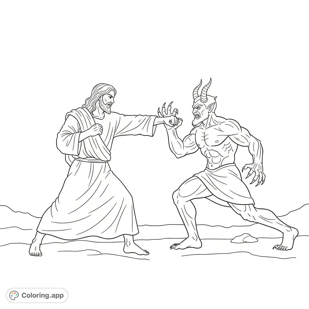 An intense depiction of Jesus in a dynamic fist fight with Satan, a powerful clash of forces set in a dramatic, stark confrontation.