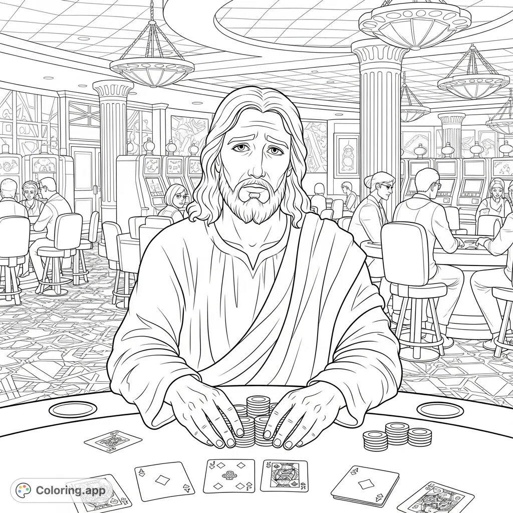A thought-provoking casino coloring page depicting Jesus at a poker table, contemplating a losing hand amidst slot machines and game tables. A unique, free printable coloring page.