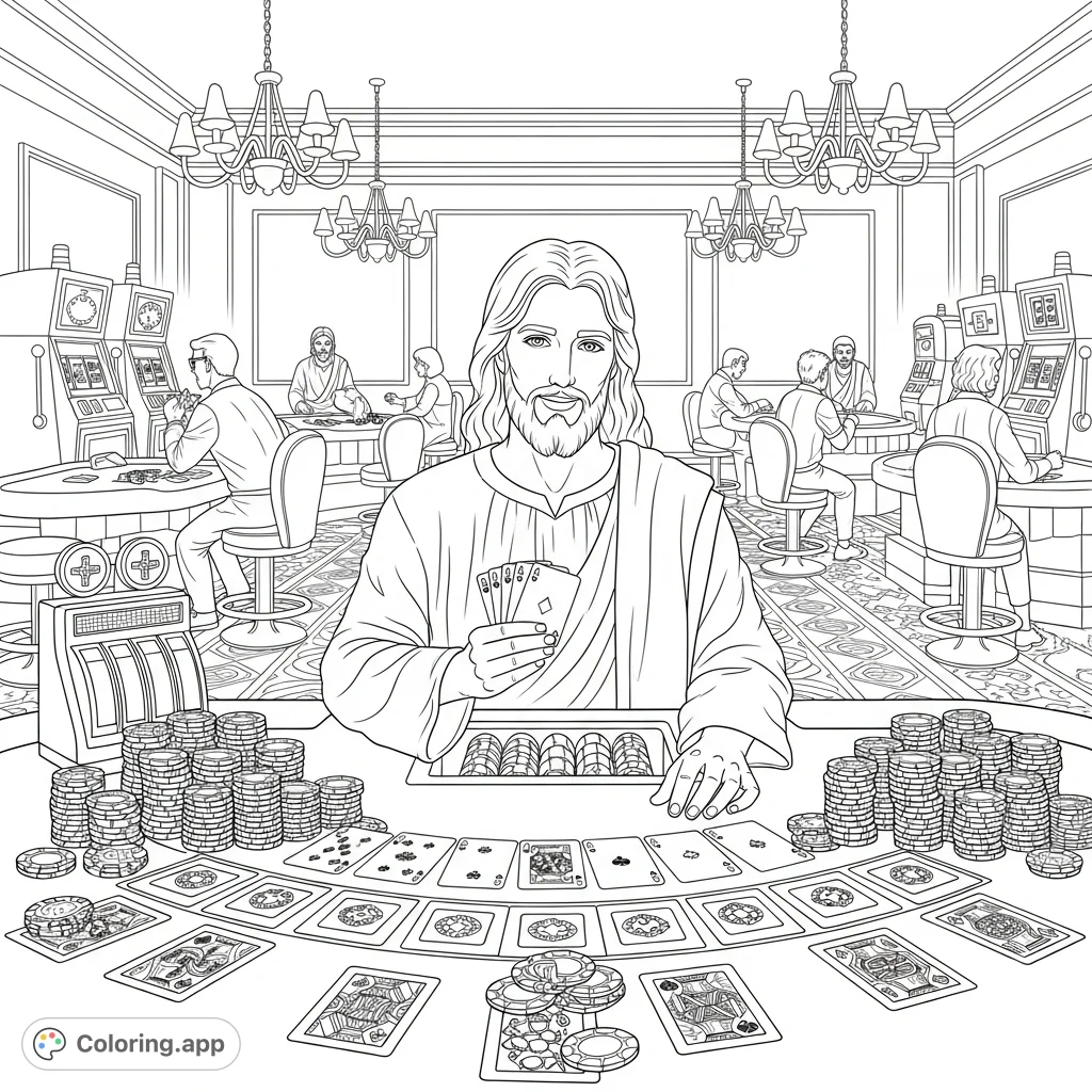 Experience a unique adult coloring page: Jesus on a winning streak at a bustling casino, surrounded by chips and cards. Intricate details await.