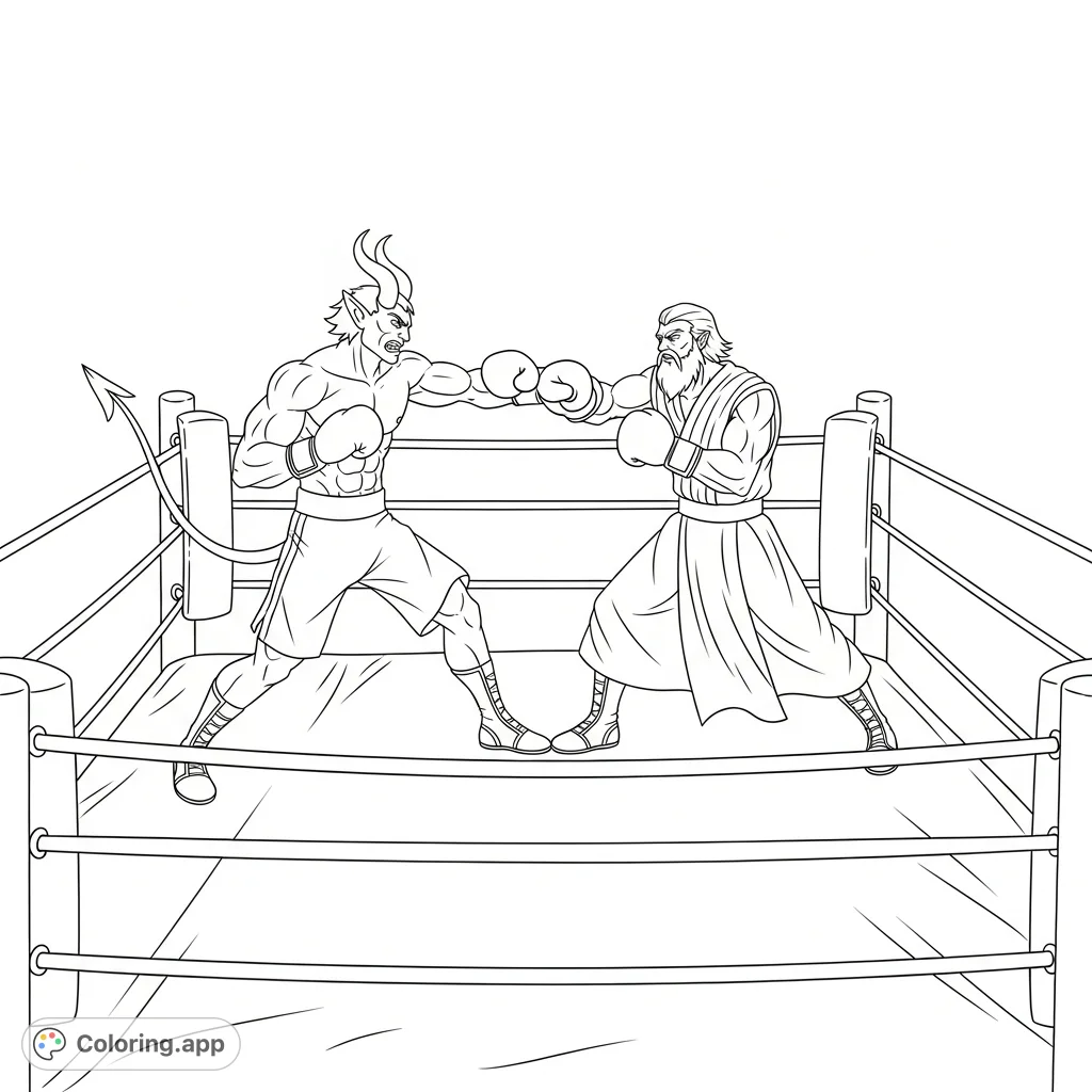 An intense scene depicting Satan and Jesus engaged in a boxing match within a detailed ring. A unique and thought-provoking religious themed coloring page for adults.