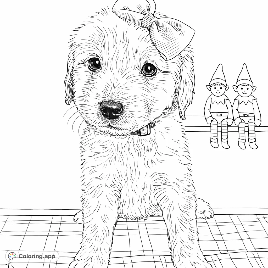 A charming puppy with a decorative bow and collar sits attentively on a cozy textured blanket, with two playful elves on a shelf.