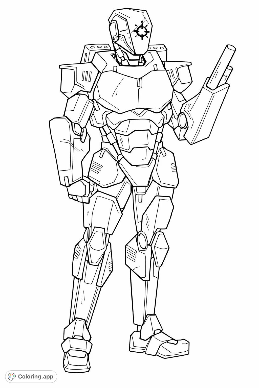 Color this powerful futuristic soldier in detailed armor, featuring a distinctive helmet and robust mechanical design, ready for action.