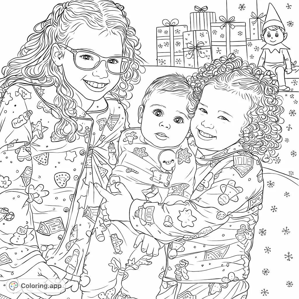 Capture the warmth of family with this siblings holiday pajamas coloring page. Featuring three children in festive attire, perfect for seasonal fun.