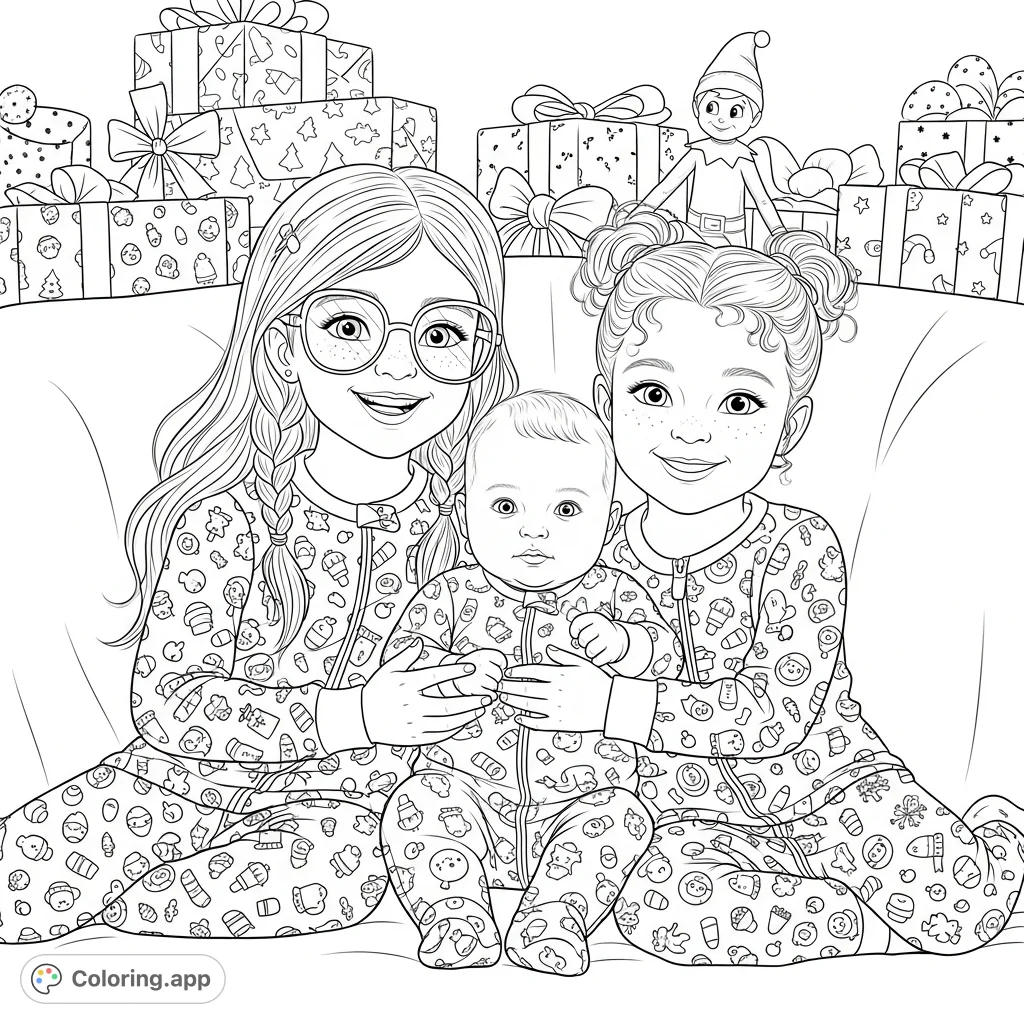 A heartwarming image of three young individuals, including a baby, sharing a cozy moment. Features patterned sleepwear and gentle expressions, perfect for a relaxing coloring experience.