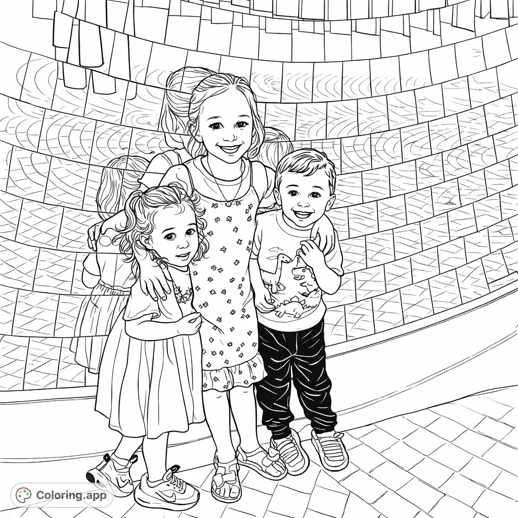 A heartwarming image of three children smiling and embracing before a mesmerizing mirrored wall with fragmented reflections. A fun, cartoony style coloring page for all.