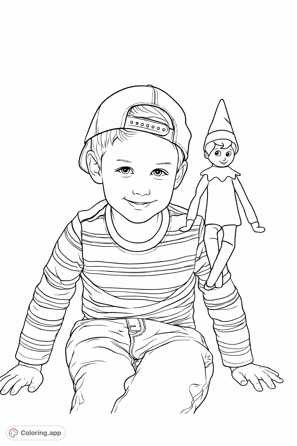 A charming coloring page featuring a smiling child with a backward cap and a friendly elf character. Perfect for imaginative play and holiday cheer.