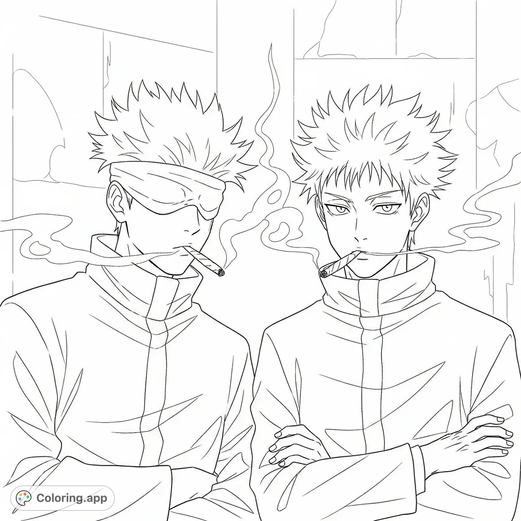 A dynamic Jujutsu Kaisen coloring page featuring Gojo Satoru and Suguru Geto sharing a joint, with detailed character designs and a focused composition.
