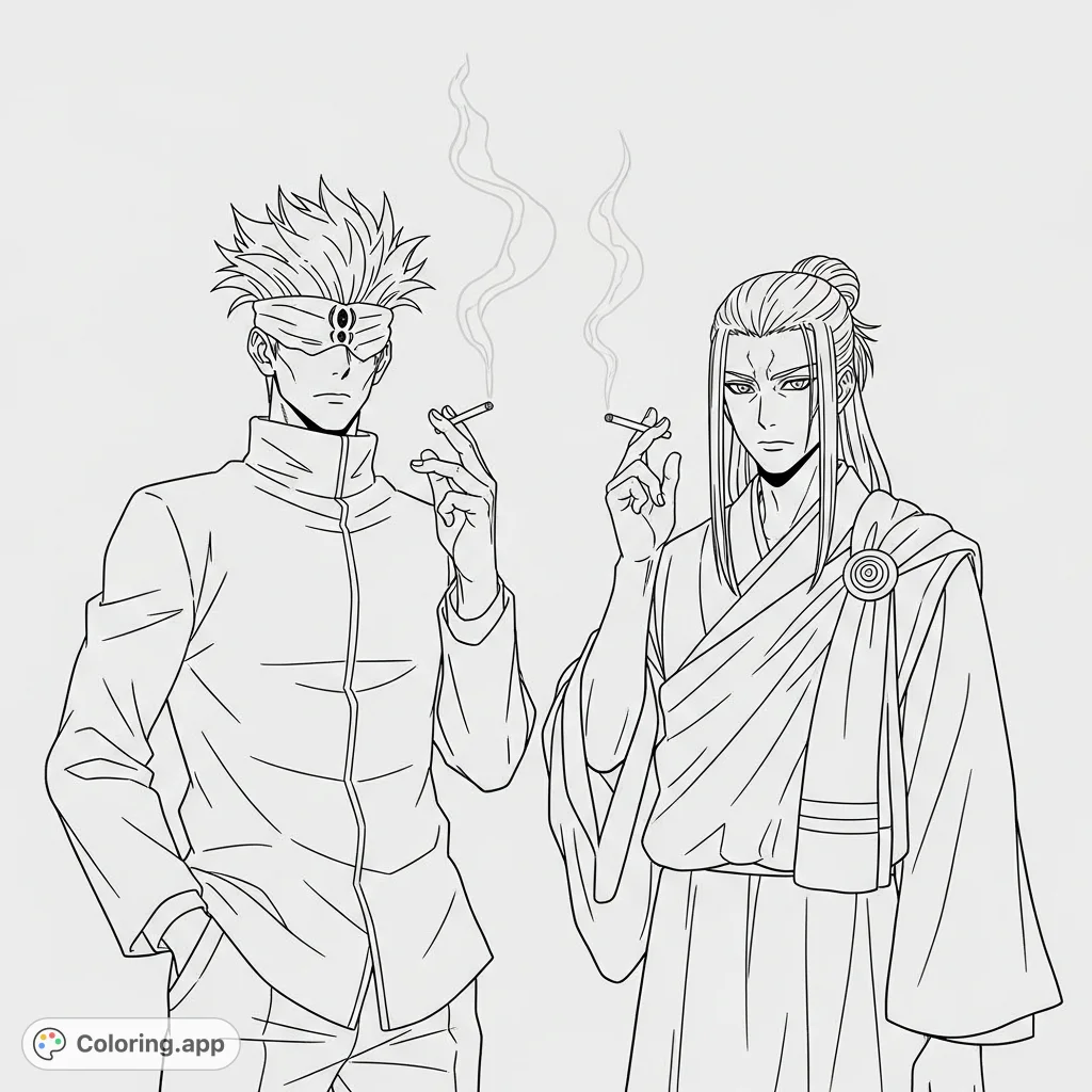 A striking Gojo Satoru and Geto Suguru coloring page, featuring the iconic duo in their distinctive attire, sharing a moment with cigarettes.