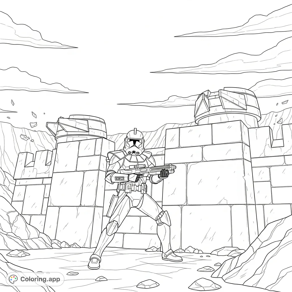 Defend the fort alongside a valiant Star Wars Clone Trooper! This detailed coloring page features a trooper in action, perfect for fans of all ages.