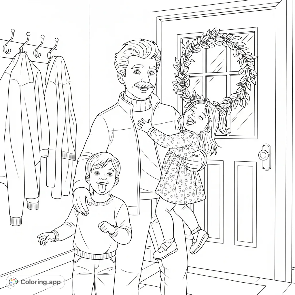 A heartwarming family coloring page featuring an adult embracing two cheerful children near an inviting entrance with a leafy wreath. Perfect for all ages!