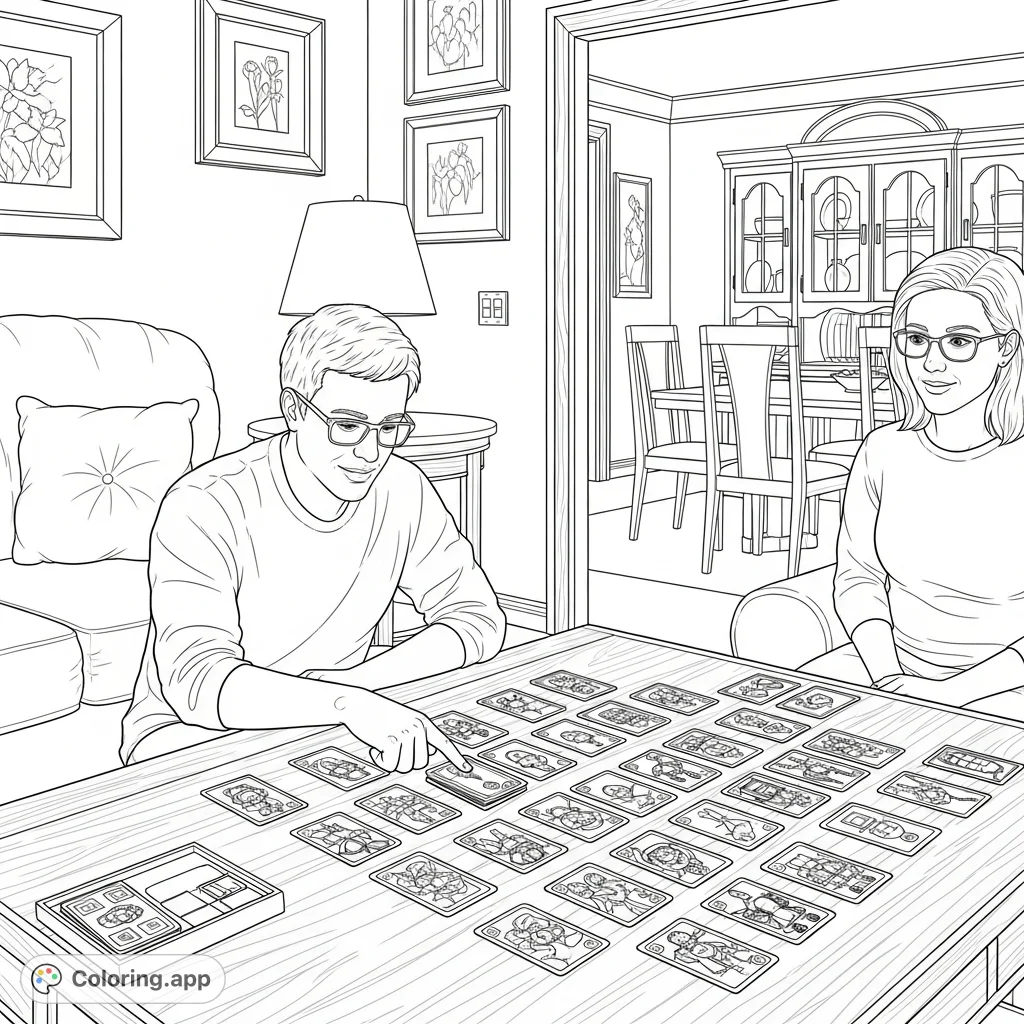 A detailed tabletop game coloring page featuring two players with eyeglasses, a table full of cards, and a cozy room interior, perfect for game enthusiasts.