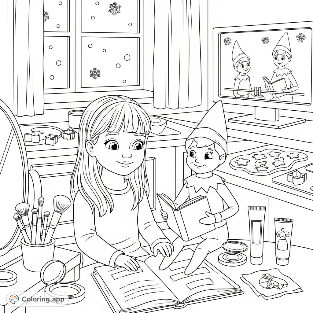 A heartwarming coloring page featuring a little girl and her Elf on the Shelf enjoying various cozy activities: reading, doing makeup, baking, and enjoying a snowy day. Perfect for kids!