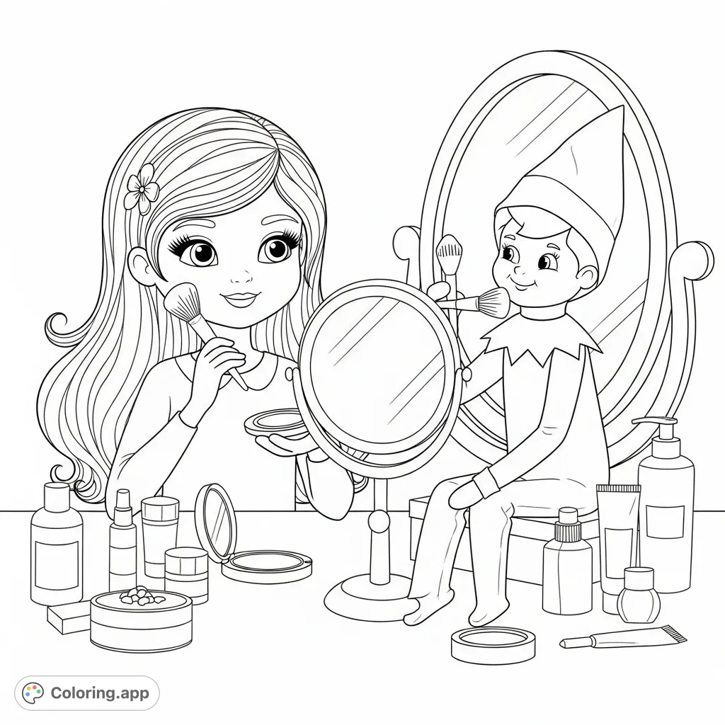 A charming coloring page featuring a little girl and a girl Elf on the Shelf sharing a delightful moment doing their makeup at a vanity.