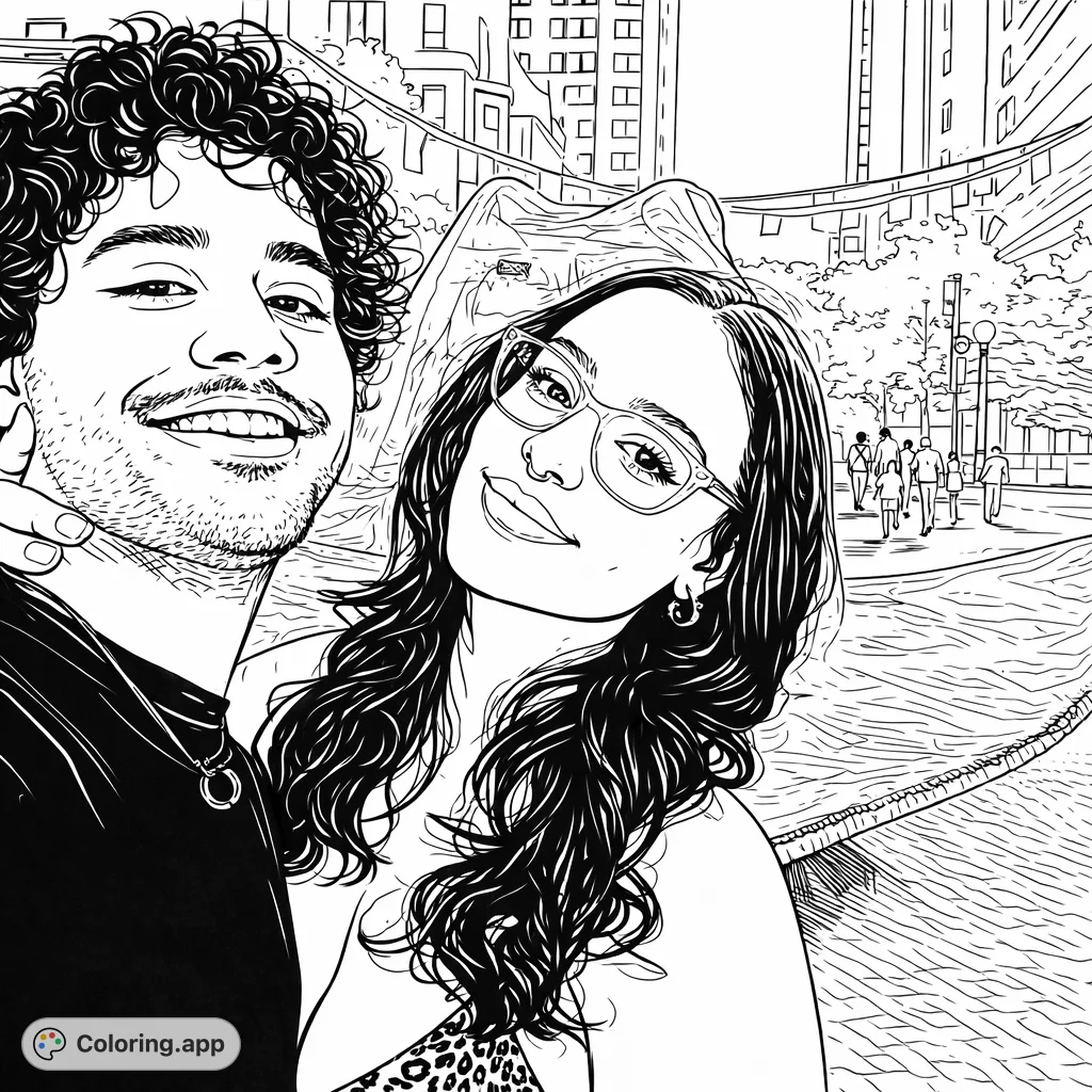 Capture the joyful spirit of a couple on a city night out. This charming coloring page features two smiling individuals against an urban backdrop with unique light art.