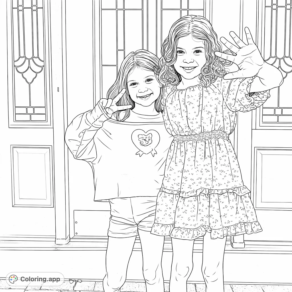 Two cheerful girls stand smiling in front of a decorative door. One gives a peace sign, the other waves, both ready for a fun coloring adventure.