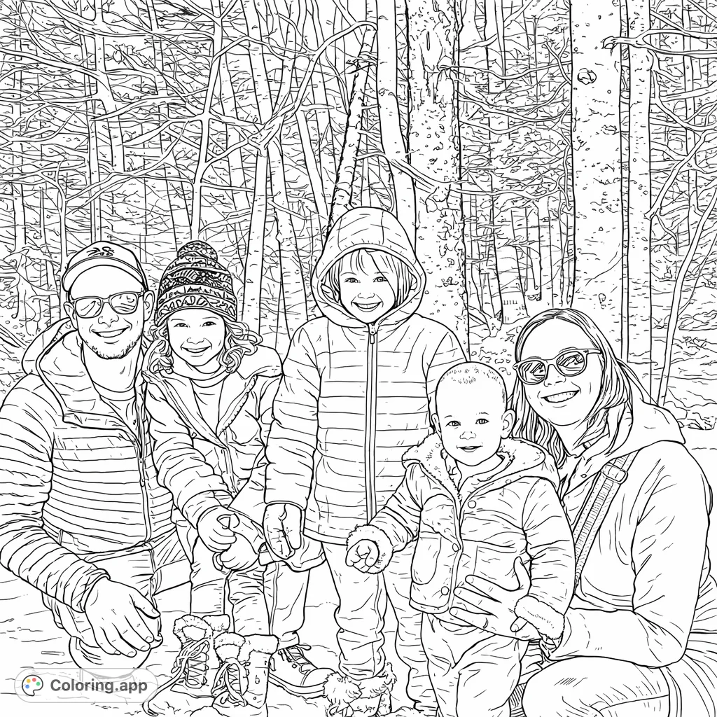 Smiling family of five enjoys a snowy day in a detailed forest setting, perfect for winter fun and capturing cherished memories.