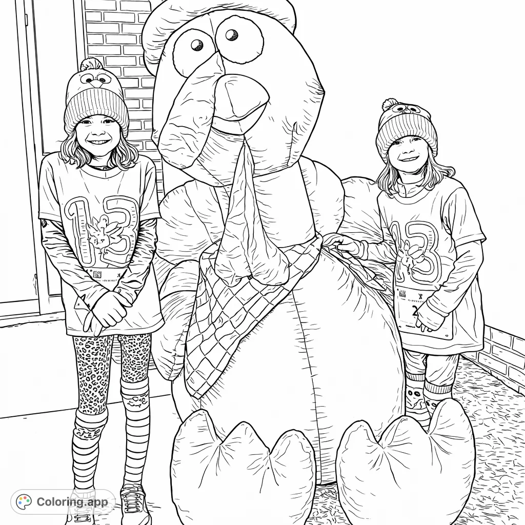 Two joyful girls pose with a giant inflatable turkey, ready for a fun turkey trot event. A delightful Thanksgiving-themed coloring page for all ages.