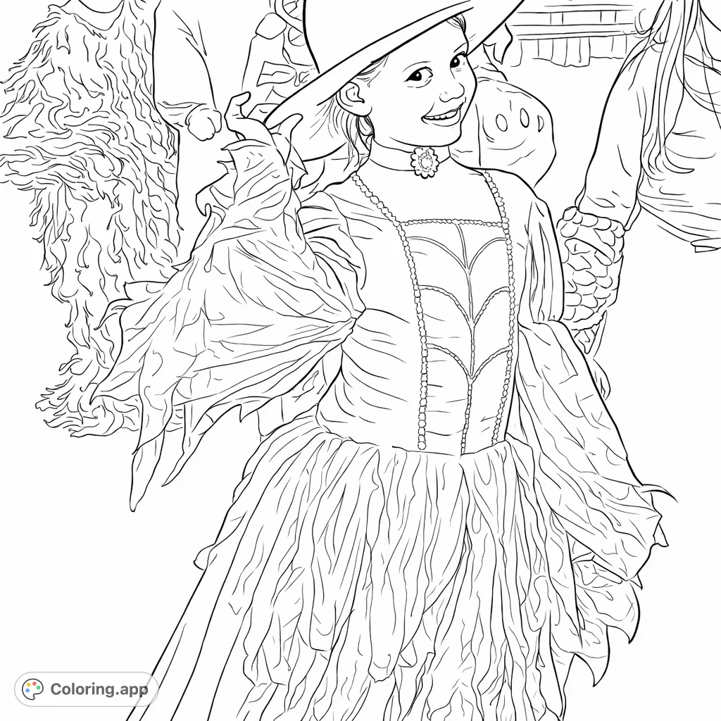 A charming coloring page featuring a smiling girl in an elaborate costume, complete with a wide-brimmed hat and a flowing, tiered dress.