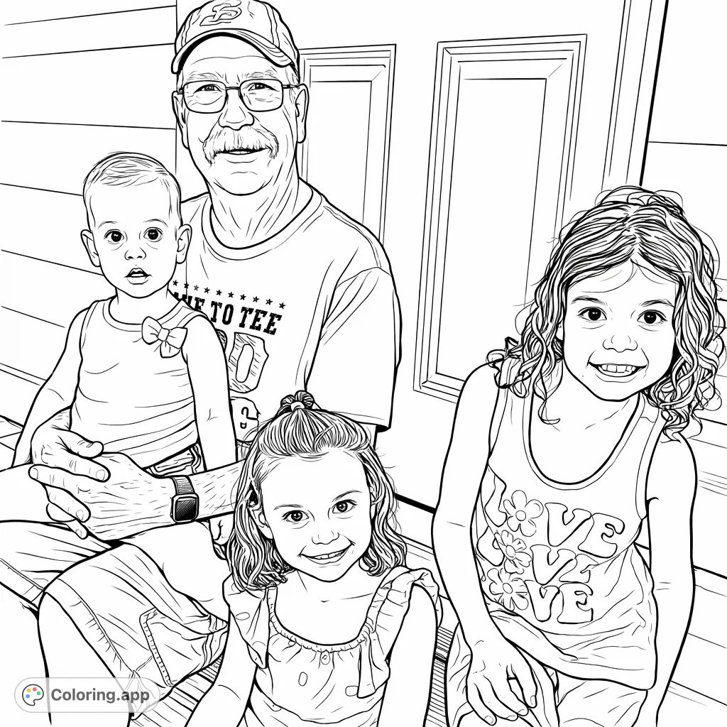 A heartwarming family portrait coloring page featuring a grandpa with his three grandchildren. Enjoy capturing their joyful expressions and intricate clothing details.